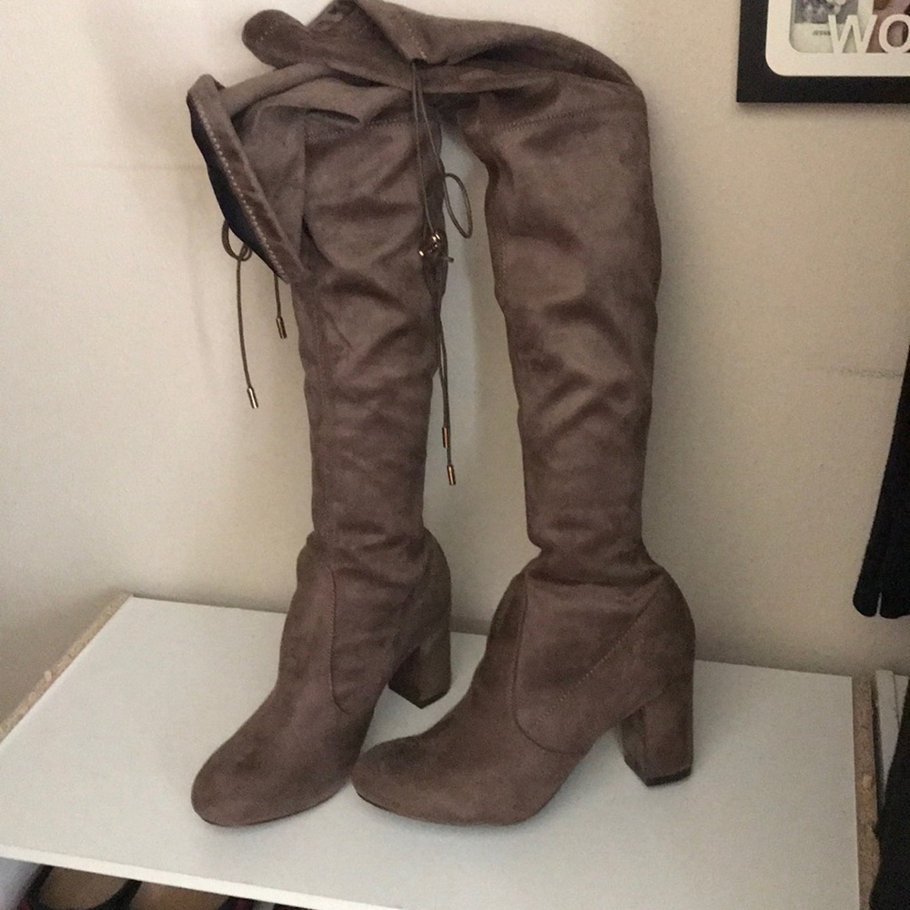 Brown suede thigh high boots